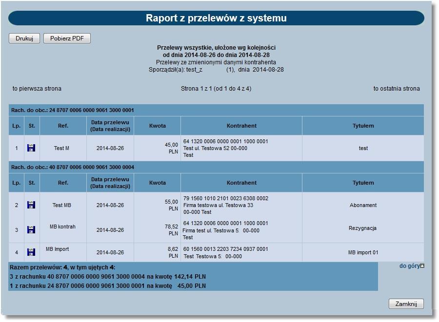 skład paczek, w których dowolny użytkownik systemu def3000/ceb zmodyfikował nazwę bądź numer rachunku kontrahenta: Nie zaznaczenie checkboxa