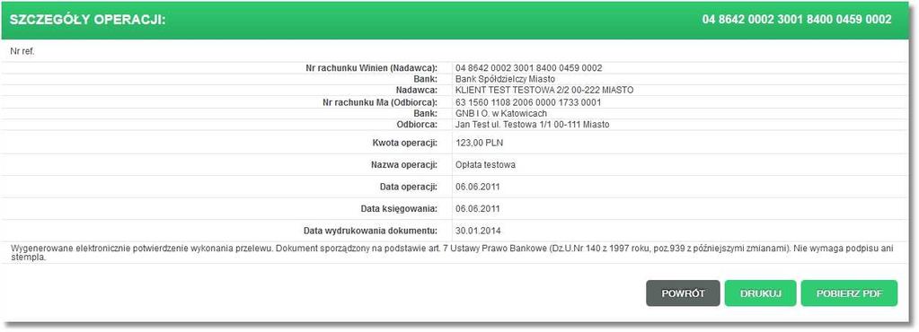 Naciśnięcie odnośnika Kopiuj spowoduje otwarcie formatki edycji przelewu z uzupełnionymi danymi pobranymi z kopiowanego zrealizowanego przelewu, z wyjątkiem pola Data wykonania, gdzie będzie