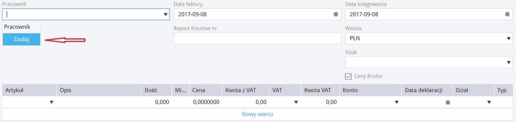 Zakupy > Pracownik - zakupy > Nowy pracownik; Bezpośrednio w Rozliczenia z pracownikami podczas dodawania dokumentu kosztowego dodajemy nowego pracownika na liście pracowników klikając Dodaj.