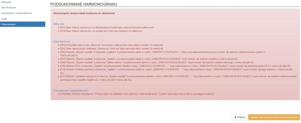 Należy przejść do zakładki, w której system wykrył błąd (np. Metryczka ), poprawić go zgodnie z treścią komunikatu i wrócić do zakładki Podsumowanie.