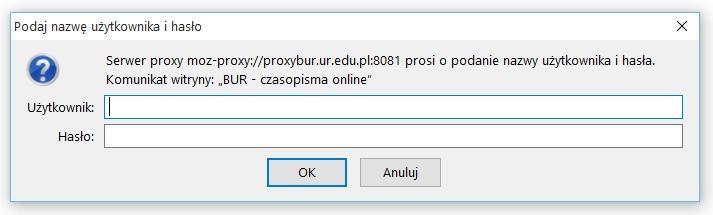 7. Użytkowanie zdalnego dostępu 7.1 W prawidłowo skonfigurowanej przeglądarce przechodzimy na stronę http://bur.ur.edu.pl/bazy-dostepne-w-sieci-ur a następnie wybieramy żądaną bazę. 7.2 W oknie logowania podajemy login (Użytkownik) oraz hasło do niego.