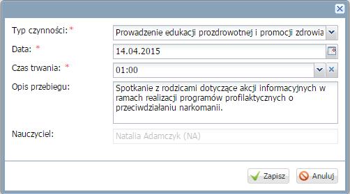 Aby dokumentować czynności w dzienniku pedagoga należy przejść na zakładkę Dziennik zajęć innych i wybrać widok Dziennik pedagoga.