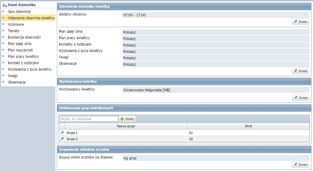 Kierownik świetlicy ma możliwość definiowania grup świetlicowych czy grupowania widoków uczniów.