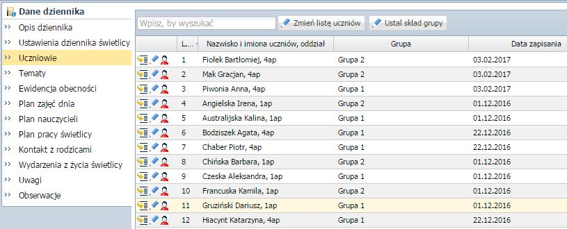 Prowadzenie Dziennika zajęć innych Uczniowie W widoku tym wyświetla się lista uczniów przypisanych do dziennika świetlicy wraz z przynależnością do grupy oraz datami ich zapisania i wypisania.