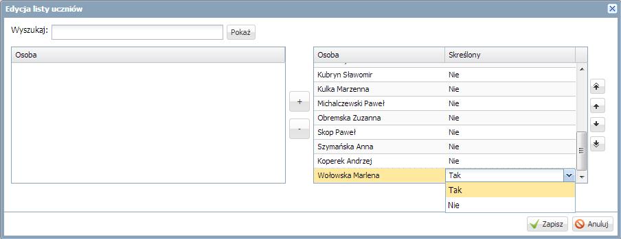 Kliknąć przycisk Zmień listę uczniów. W oknie Edycja listy uczniów kliknąć Nie obok nazwiska ucznia. W rozwiniętej liście zaznaczyć Tak.