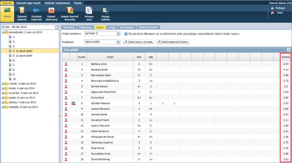 Widok średniej ocen Nauczyciel uczący w danym oddziale będzie widział średnie ocen cząstkowych uczniów w