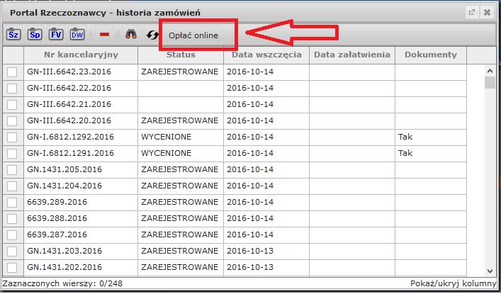 W oknie Portal Rzeczoznawcy - historia zamówień wybierz Opłać online Zaznacz rachunek/rachunki,
