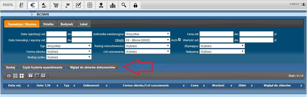 Jeżeli kryteria wyszukiwania w oknie RCiWN nie są wystarczające do wybrania konkretnych transakcji / wycen, dla których dane chcesz zamówić, możesz skorzystać z przeglądania aktów notarialnych dla