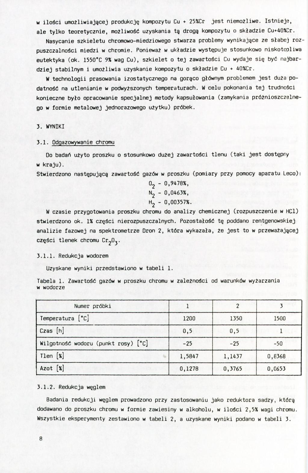 w ilości umożliwiającej produkcję kompozytu Cu + 25%Cr jest niemożliwe. Istnieje, ale tylko teoretycznie, możliwość uzyskania tą drogą kompozytu o składzie Cu+40%:r.