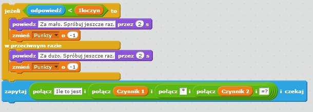 Prosimy, aby uczniowie dodali klocki i umieścili je we właściwych miejscach. Stworzyliśmy fragment skryptu, który odpowiada za błędne odpowiedzi.