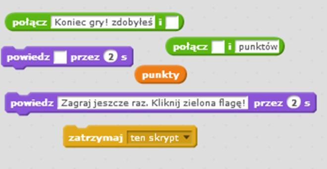 Co komputer powinien zrobić, gdy odpowiemy na 10 pytań? o Powinien pojawić się komunikat o końcu gry i o liczbie zdobytych punktów.