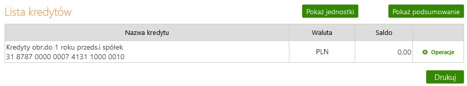 8. Kredyty Serwis umożliwia obsługę dostępnych kredytów przez: przeglądanie lub wydruk szczegółowych danych kredytu, m.in.