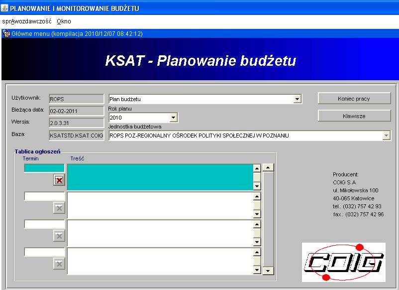 obraz ekranu 3 - PLANOWANIE I MONITOROWANIE BUDŻETU GŁÓWNE MENU ŚCIEŻKA DOSTĘPU DO SPRAWOZDAŃ Na ekranie widzimy m.in.