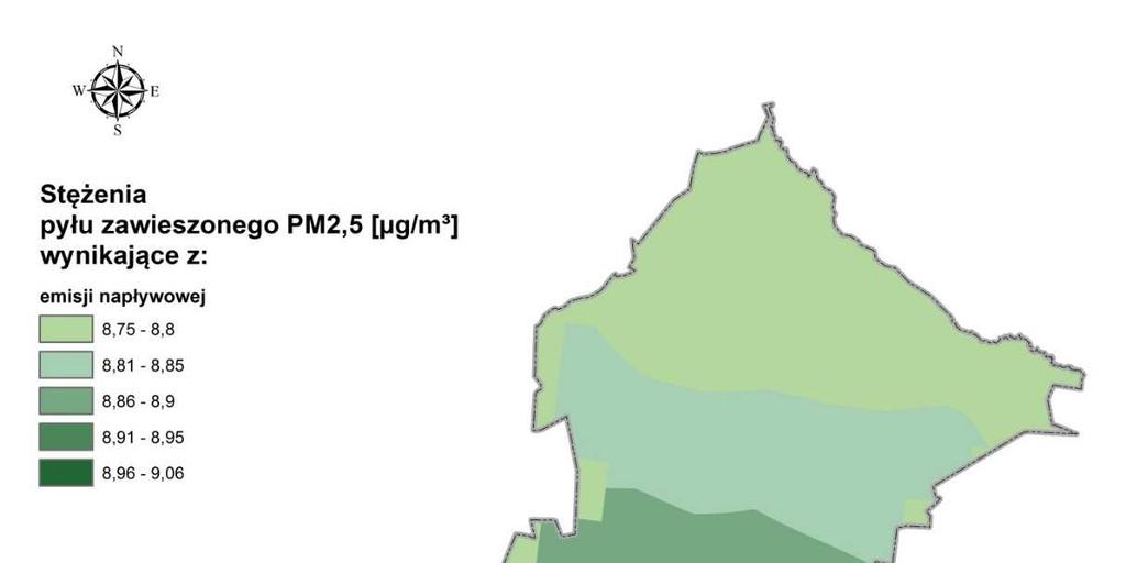 Rysunek 15 Rozkład stężeń pyłu zawieszonego PM2,5 o okresie uśredniania wyników rok kalendarzowy pochodzących z