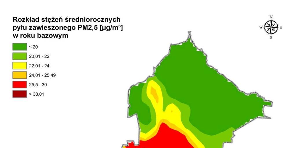 Rysunek 16 Rozkład stężeń pyłu zawieszonego PM2,5 o okresie uśredniania wyników rok kalendarzowy na