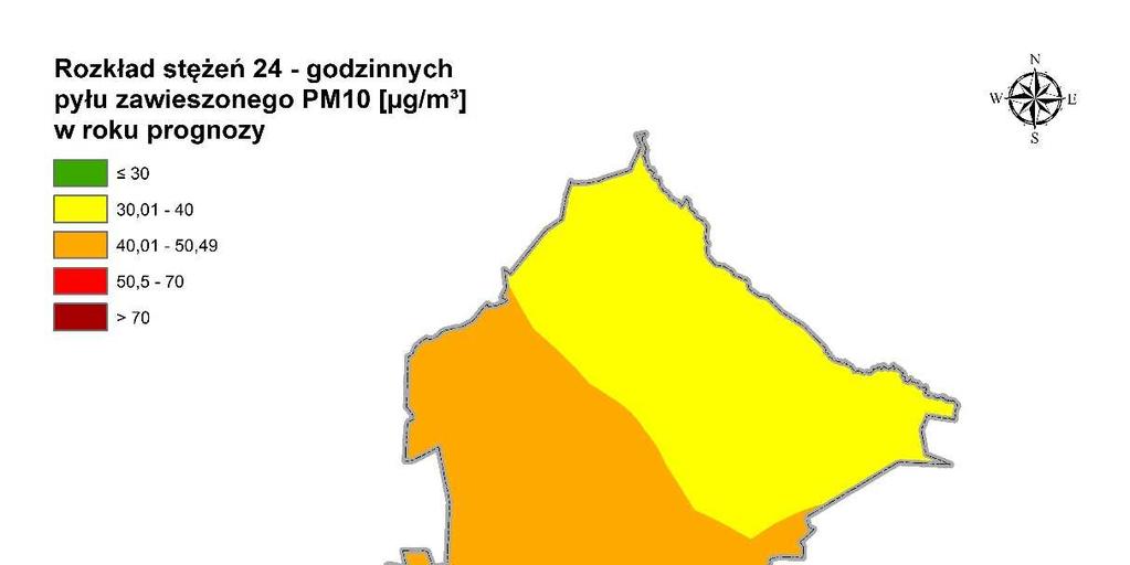 Rysunek 2 Rozkład stężeń pyłu zawieszonego PM10 o okresie uśredniania wyników 24 godziny z emisji całkowitej na terenie strefy miasto Radom w roku prognozy 2024 W żadnym punkcie częstość