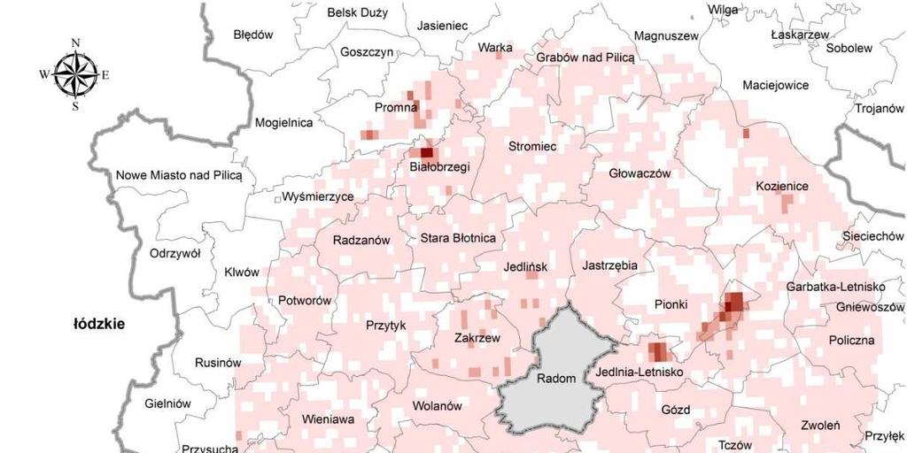 Rysunek 12 Emisja liniowa pyłu zawieszonego PM10 z pasa 30 km wokół strefy