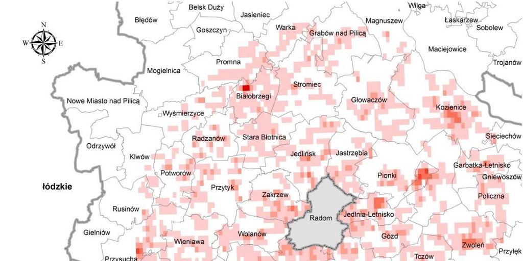 2.2. Źródła pyłu zawieszonego PM2,5 zlokalizowane poza strefą miasto Radom Rysunek 22 Emisja powierzchniowa pyłu