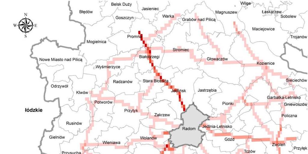 Rysunek 23 Emisja liniowa pyłu zawieszonego PM2,5 z pasa 30 km wokół strefy