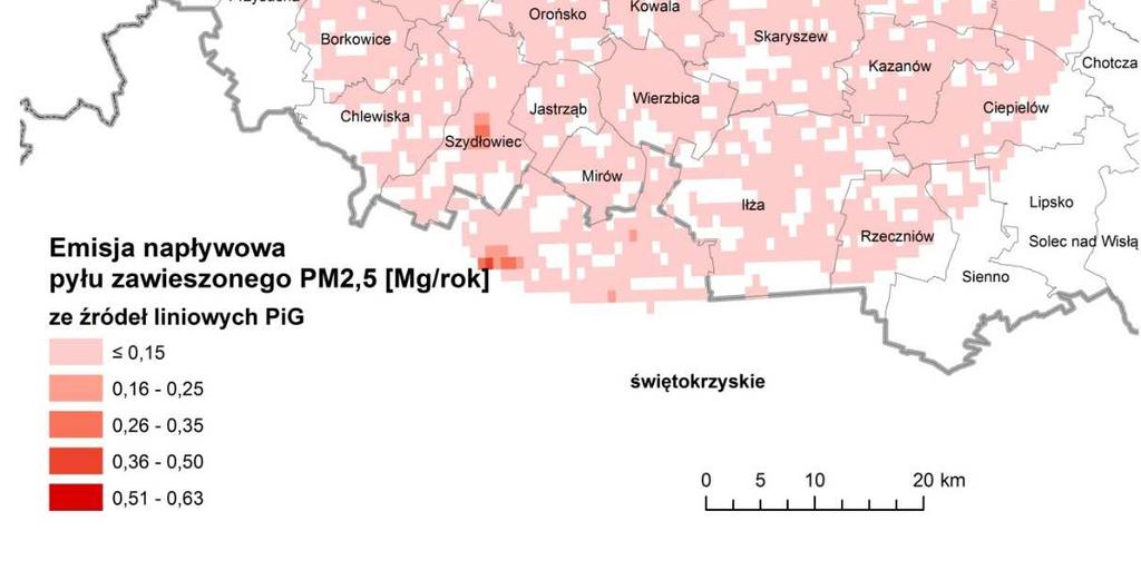 Rysunek 24 Emisja liniowa pyłu zawieszonego PM2,5 z pasa 30 km wokół strefy