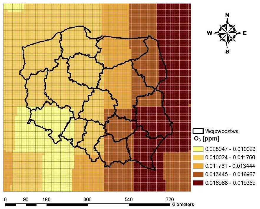 Rys.3. Warunki początkowe dla O3 wykorzystane w ramach modelowania ozonu dla strefy łódzkiej w 2008 r. Rys.4.