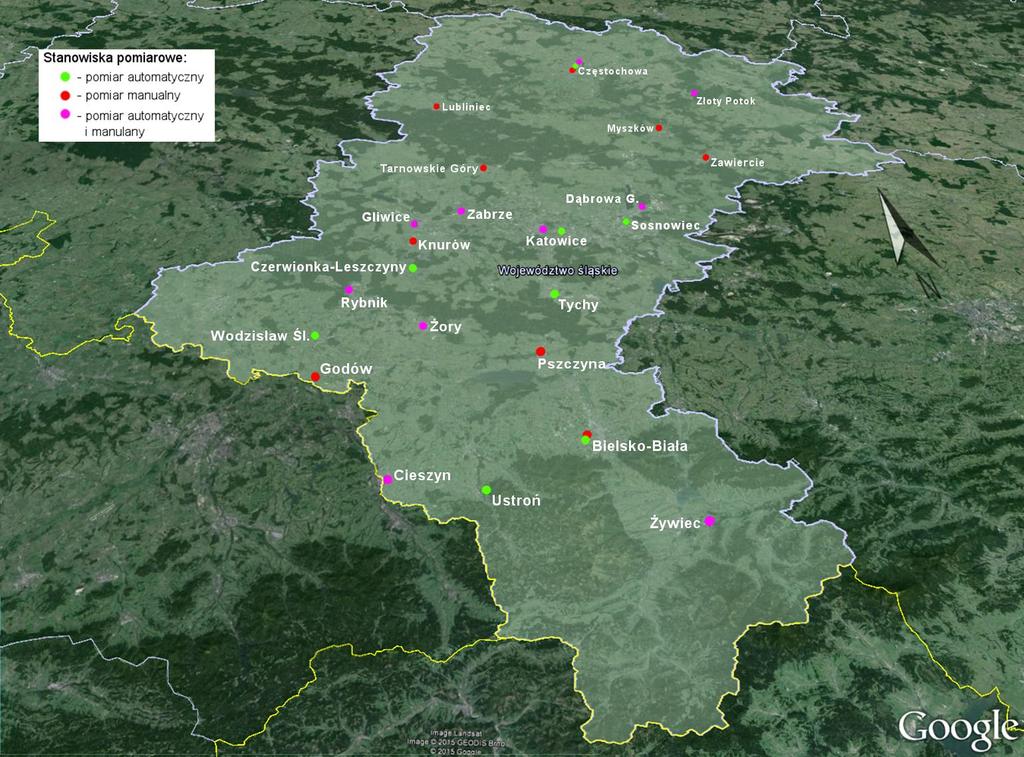 ROZMIESZCZENIE STANOWISK POMIAROWYCH JAKOŚCI POWIETRZA W WOJEWÓDZTWIE SLĄSKIM pył zawieszony PM10 i PM2,5, dwutlenek siarki, dwutlenek azotu, tlenki azotu, ozon, tlenek