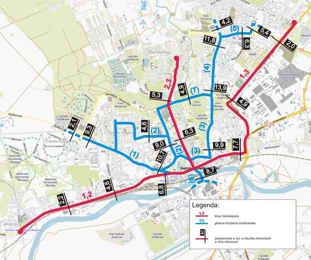 Rys. 6. Liczba pasażerów w głównych korytarzach komunikacyjnych w dniu powszednim obliczenia dla 2013 r. 7.