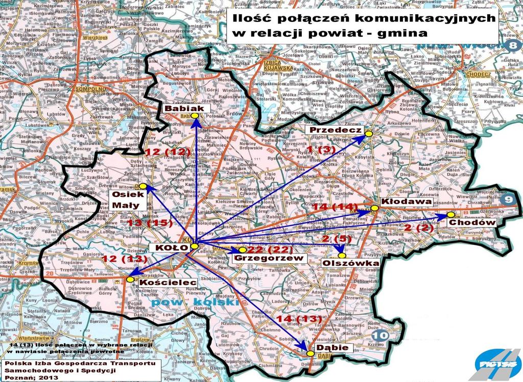 Mapa 12 Ilość połączeń komunikacyjnych w relacji: powiat gmina Źródło: