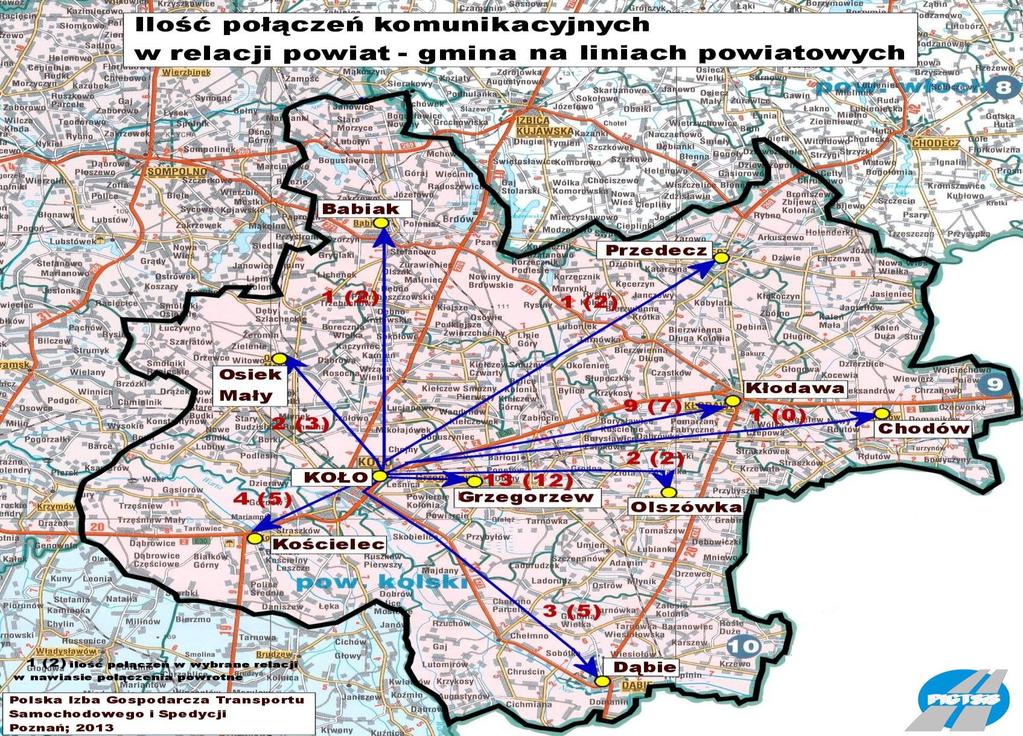 Mapa 14 Ilość połączeń komunikacyjnych w relacji: powiat - gmina (tylko linie powiatowe)