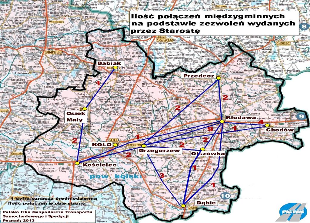 Mapa 17 Ilość połączeń komunikacyjnych międzygminnych na liniach powiatowych Źródło: