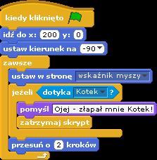 Zadanie: Prosimy, by po naszych wyjaśnieniach, uczniowie odnaleźli odpowiednie klocki i dodali je do skryptu Myszki w taki sposób, by domyślnie startowała zawsze w środku prawej części sceny i