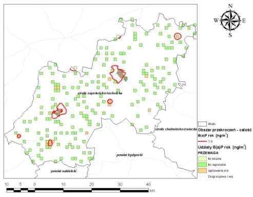 Rysunek 106 Stężenia B(a)P o okresie uśredniania wyników pomiarów rok kalendarzowy w strefie sępoleńsko-tucholskiej będące oddziaływaniem łącznym w 2007 r.