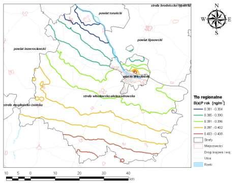 Rysunek 108 Stężenia B(a)P o okresie uśredniania wyników pomiarów rok kalendarzowy w strefie włocławsko-aleksandrowskiej będące tłem regionalnym w 2007 r.