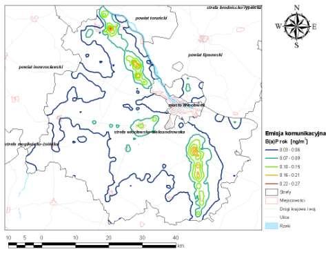 Rysunek 112 Stężenia B(a)P o okresie uśredniania wyników pomiarów rok kalendarzowy w strefie włocławsko-aleksandrowskiej pochodzące od emisji komunikacyjnej w 2007 r.