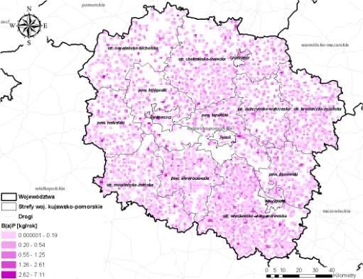 Rysunek 8 Lokalizacja instalacji, których eksploatacja powoduje wprowadzenie do powietrza B(a)P, rozmieszczonych na terenie stref województwa kujawsko-pomorskiego emisja punktowa