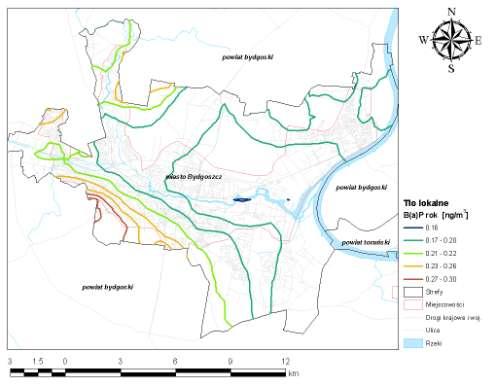 Rysunek 12 Stężenia B(a)P o okresie uśredniania wyników pomiarów rok kalendarzowy w aglomeracji Bydgoskiej będące tłem lokalnym w 2007 r.