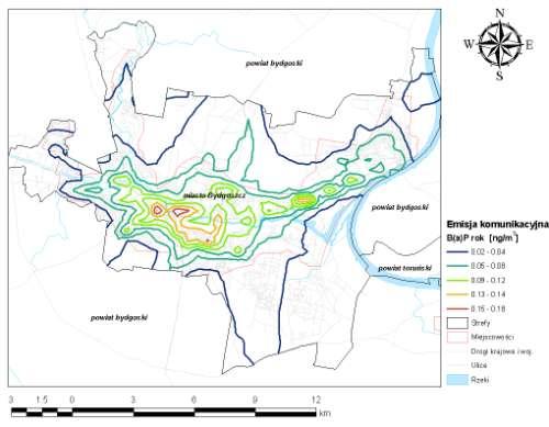 Rysunek 14 Stężenia B(a)P o okresie uśredniania wyników pomiarów rok kalendarzowy w aglomeracji bydgoskiej pochodzące od emisji komunalnej w 2007 r.