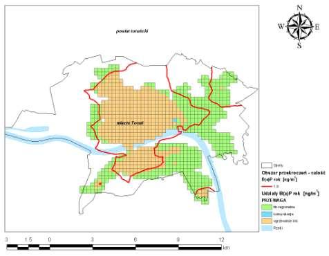 Rysunek 30 Stężenia B(a)P o okresie uśredniania wyników pomiarów rok kalendarzowy w mieście Toruń będące oddziaływaniem łącznym w 2007 r.