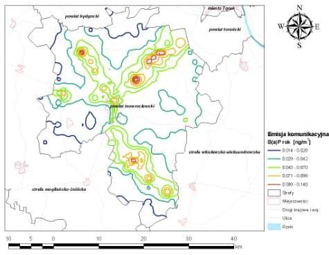 Rysunek 50 Stężenia B(a)P o okresie uśredniania wyników pomiarów rok kalendarzowy w powiecie inowrocławskim pochodzące od emisji komunikacyjnej w 2007