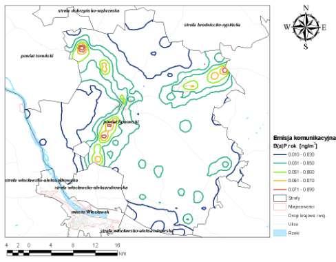 Rysunek 56 Stężenia B(a)P o okresie uśredniania wyników pomiarów rok kalendarzowy w powiecie lipnowskim pochodzące od emisji komunalnej w 2007 r.