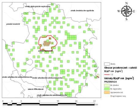 Rysunek 58 Stężenia B(a)P o okresie uśredniania wyników pomiarów rok kalendarzowy w powiecie lipnowskim będące oddziaływaniem łącznym w 2007 r.