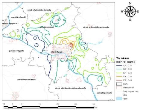 Rysunek 68 Stężenia B(a)P o okresie uśredniania wyników pomiarów rok kalendarzowy w powiecie toruńskim będące tłem lokalnym w 2007 r.