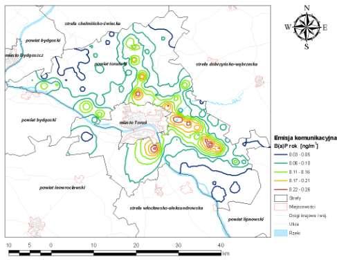 Rysunek 70 Stężenia B(a)P o okresie uśredniania wyników pomiarów rok kalendarzowy w powiecie toruńskim pochodzące od emisji z ogrzewania indywidualnego w