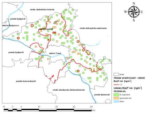 Rysunek 72 Stężenia B(a)P o okresie uśredniania wyników pomiarów rok kalendarzowy w powiecie toruńskim będące oddziaływaniem łącznym w 2007 r.