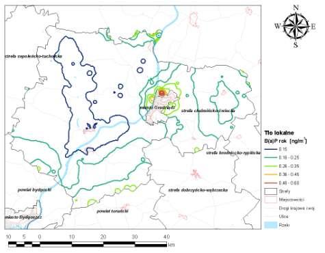 Rysunek 82 Stężenia B(a)P o okresie uśredniania wyników pomiarów rok kalendarzowy w strefie chełmińsko-świeckiej będące tłem lokalnym w 2007 r.