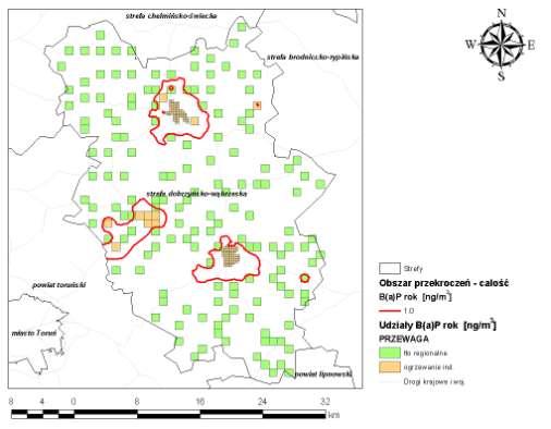 Rysunek 94 Udziały poszczególnych typów emisji w stężeniach B(a)P o okresie uśredniania wyników pomiarów rok na terenie strefie dobrzyńsko-wąbrzeskiej w