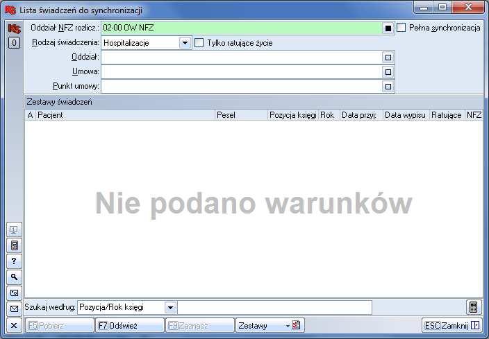 W oknie Lista świadczeń do synchronizacji mamy możliwość ustawienia filtrów takich jak: rodzaj świadczenia (Porady, Hospitalizacje) oddział, umowa, punkt umowy. Uwaga!