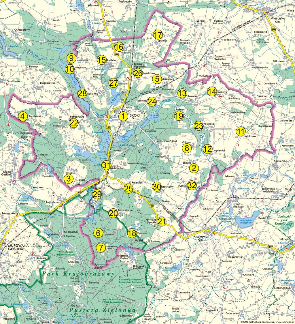 Program usuwania azbestu i wyrobów zawierających azbest Rozmieszczenie wyrobów zawierających azbest w poszczególnych miejscowościach przedstawiono na poniŝszej mapie topograficznej gminy Skoki. Ryc.