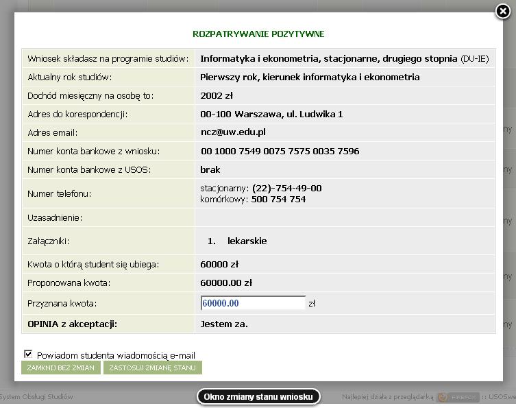 3.2 Lista wniosków obsługiwanych przez koordynatora do poprawy. Student uzyskuje możliwość ponownego wypełnienia wniosku w USOSweb (z domyślnie widocznymi danymi wprowadzonymi uprzednio).