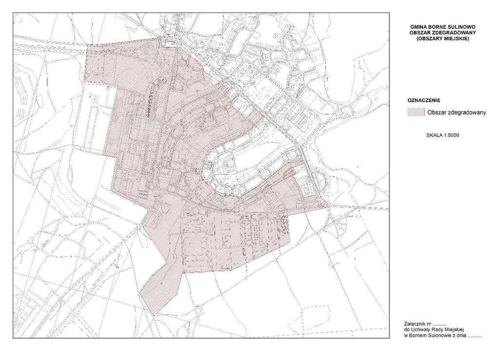 Rycina 7 przedstawia wyznaczony obszar zdegradowany (obszary miejskie) w gminie Borne Sulinowo.